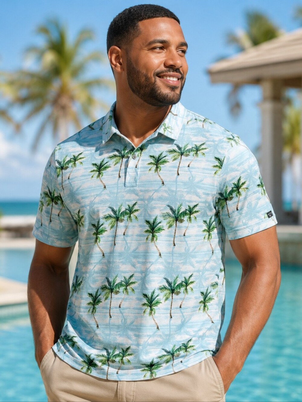 Yatta Golf Tropical Palm Tree Polo Shirt XXL NWT Blue Hawaiian Resort